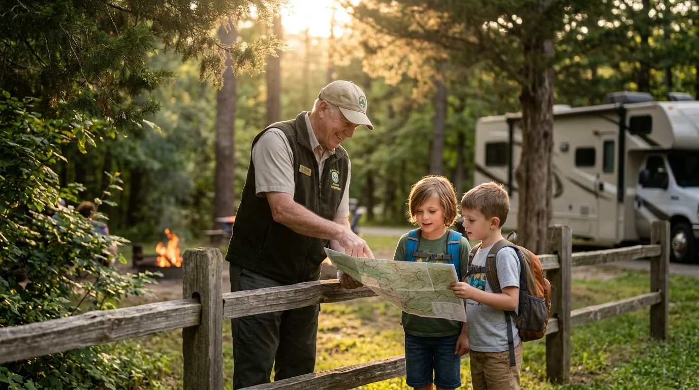 A park host in uniform points at a trail map held by two young boys at a campsite near an RV.