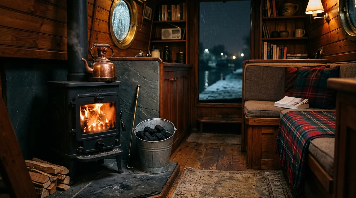 Cozy wooden interior of a narrowboat with a lit cast iron stove, coal bucket, and snowy view outside.