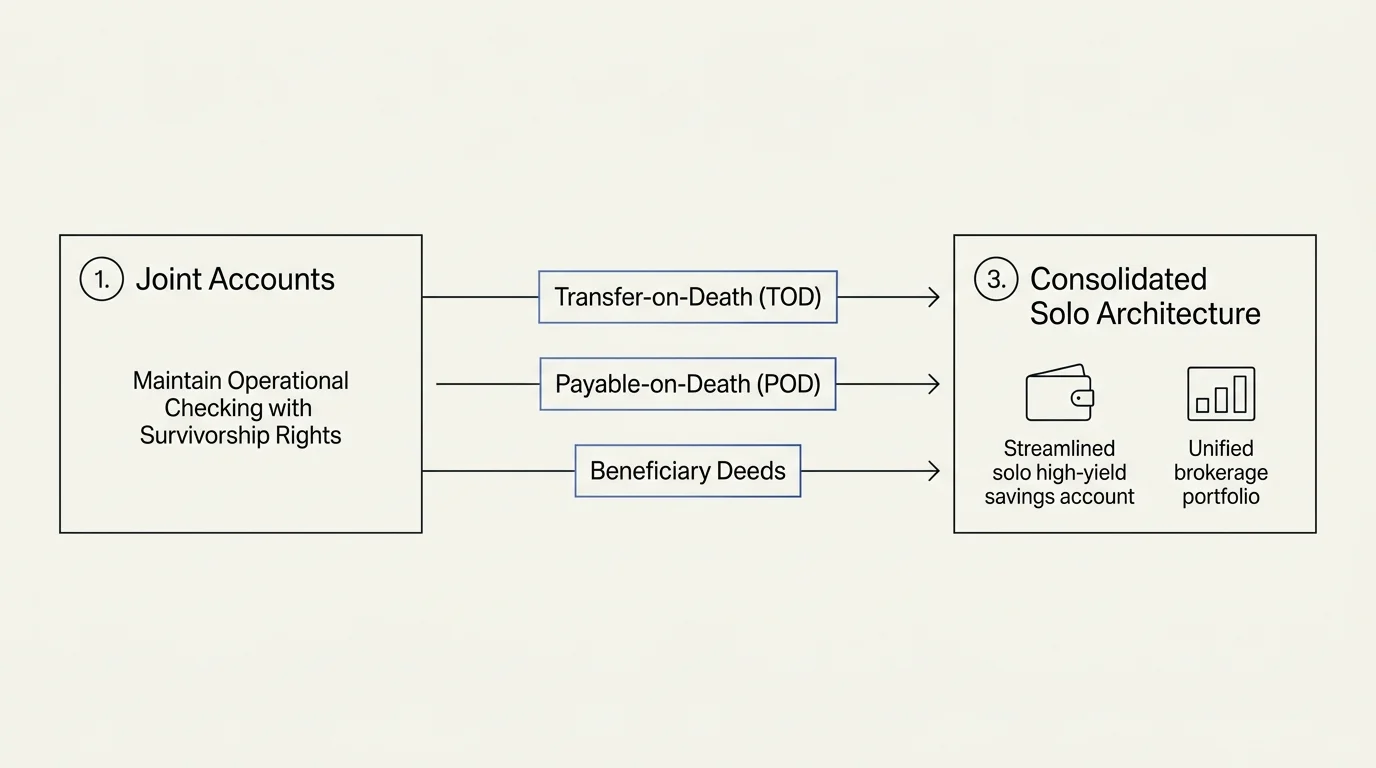 Diagram showing joint accounts transitioning via TOD, POD, and beneficiary deeds to a consolidated solo architecture.