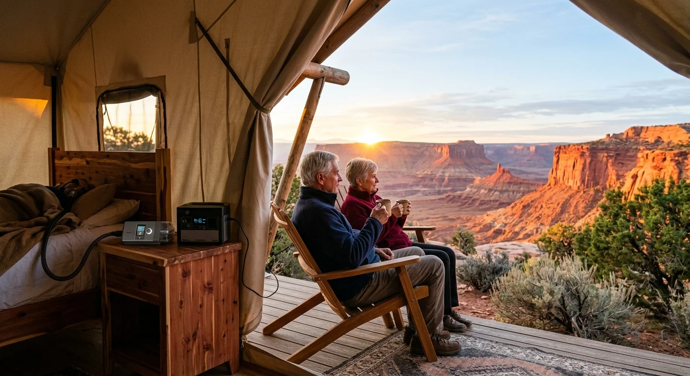 A couple sits outside a canvas glamping tent with coffee, watching the desert sunrise near a bedside CPAP machine.