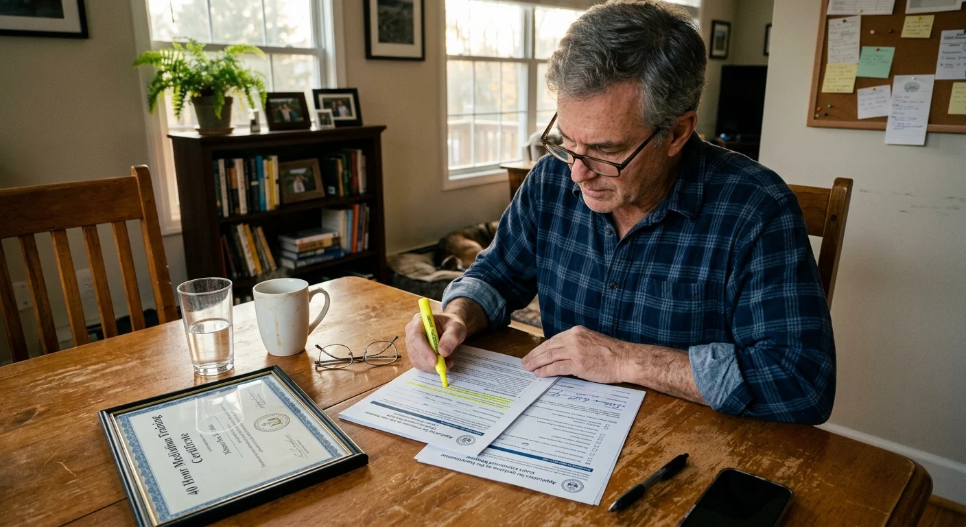 A man sitting at a wooden dining table reviewing paper documents with a yellow highlighter beside a framed certificate.