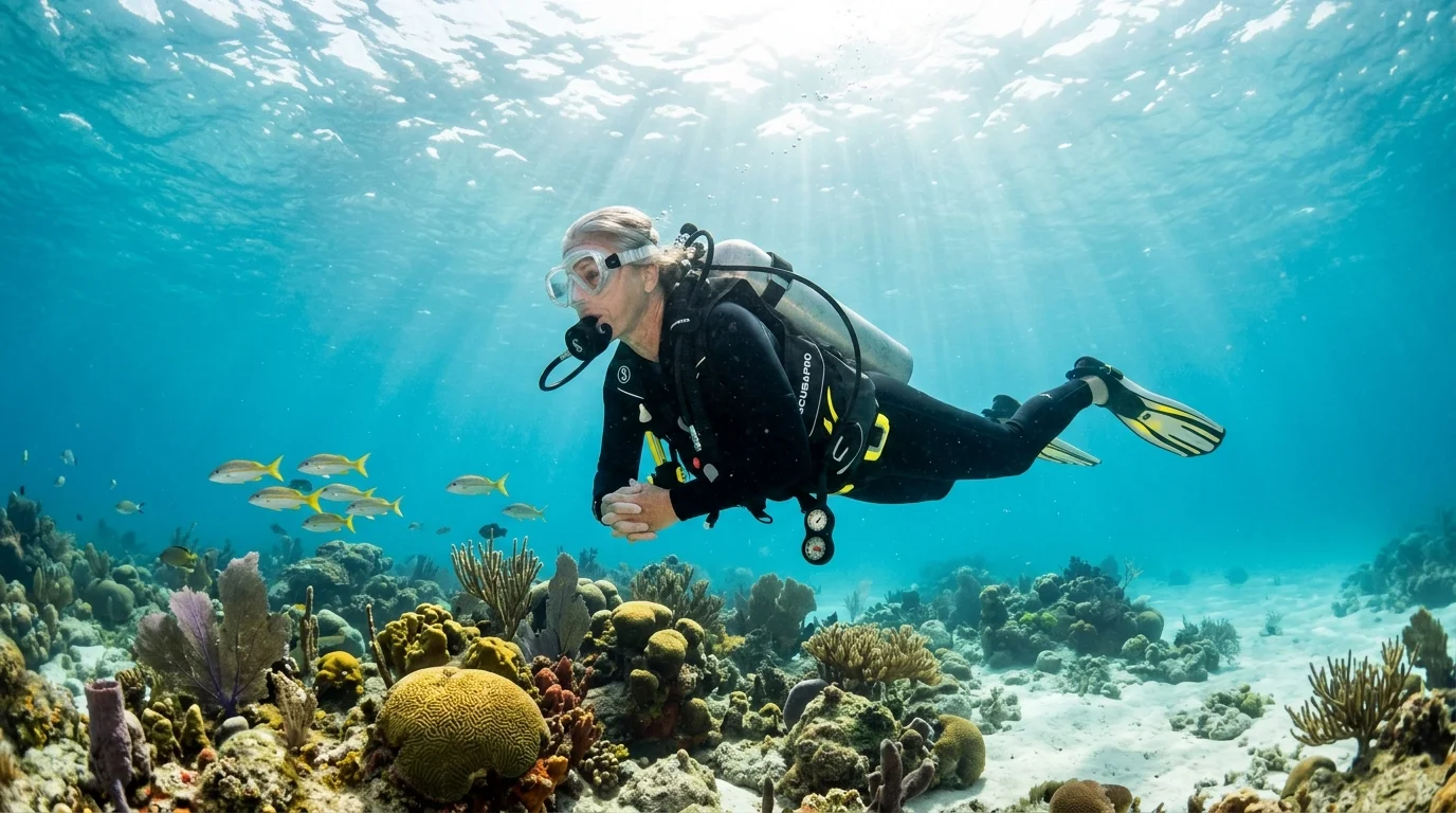 A mature female scuba diver in full gear swims over a sunlit coral reef alongside small yellow fish in clear water.