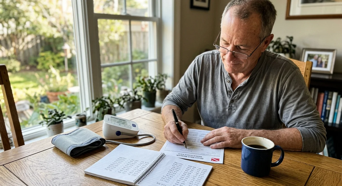 Older man with glasses writing at a wooden table beside a blood pressure monitor, log notebook, and coffee mug.