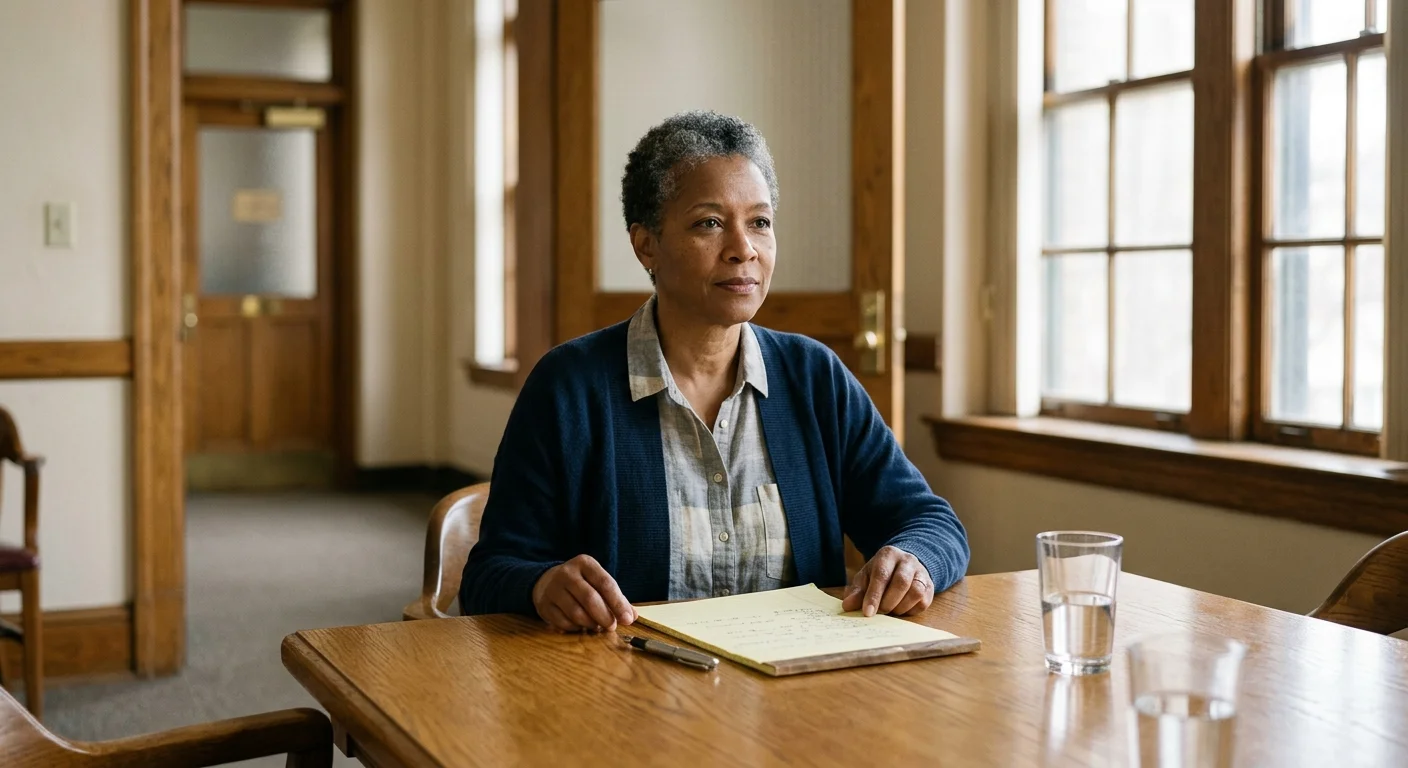 A woman with short gray hair sits at a wooden table in an office holding a yellow legal pad and pen.
