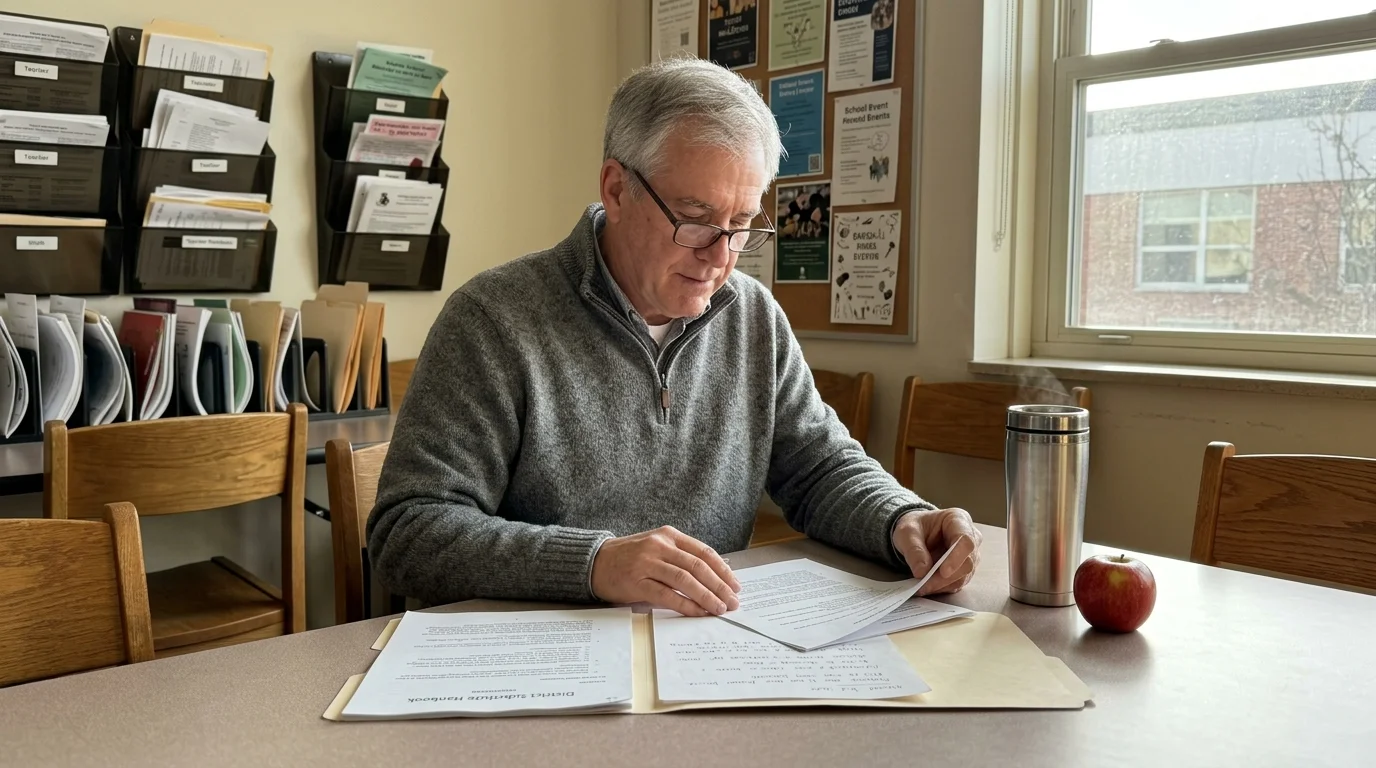 A mature man with glasses reviews paperwork in a folder at a table beside a travel mug and an apple.