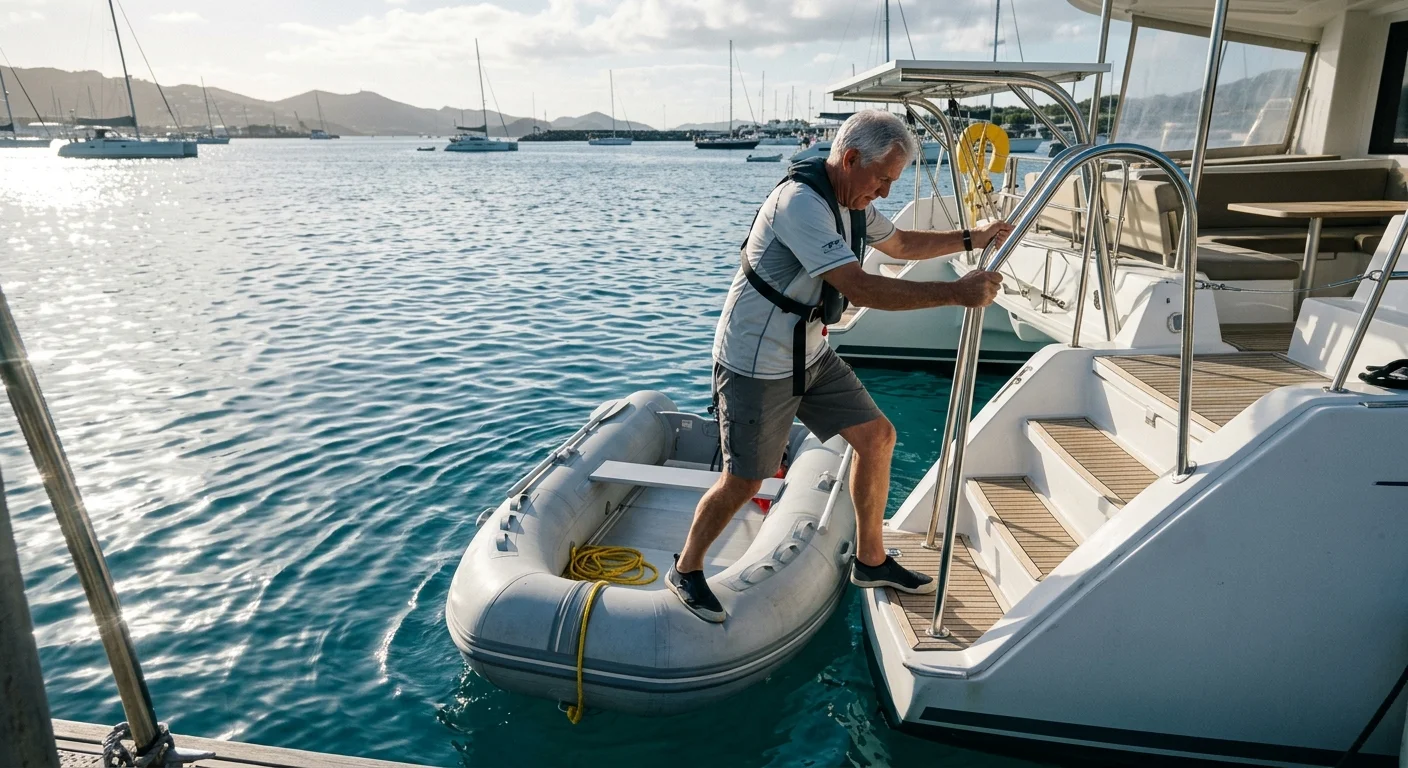An older man wearing a life jacket steps from a catamaran transom onto an inflatable dinghy moored alongside.