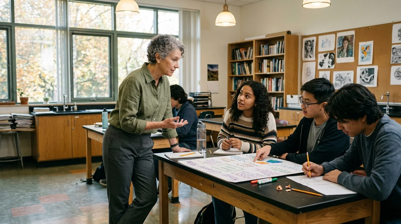 A mature female teacher talks with three high school students working together at a classroom science table.