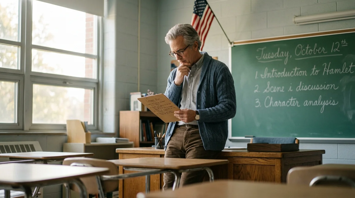 A mature male teacher stands in a classroom, leaning against a desk and reviewing notes on a clipboard near a chalkboard.