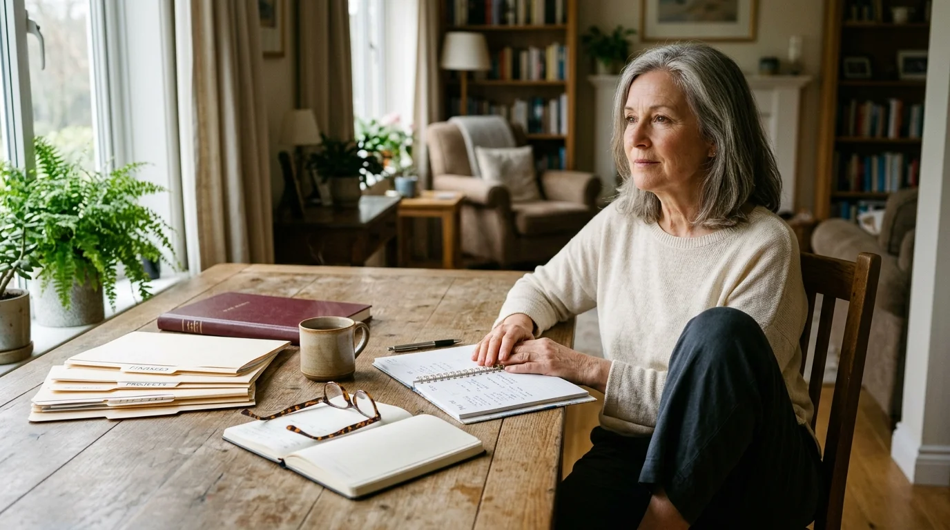 Mature woman sitting at a wooden table with open notebooks, file folders, and a mug in a living room.