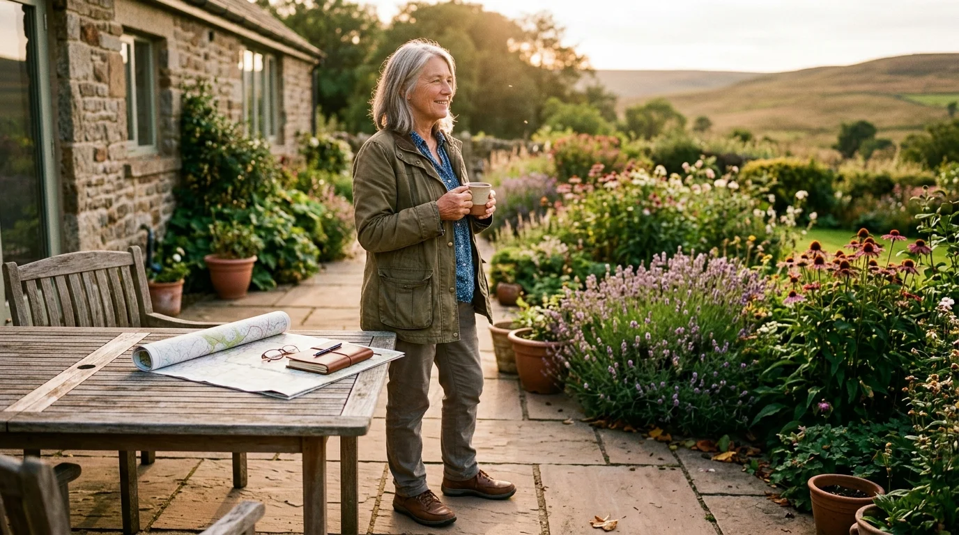 Mature woman holding a mug on a stone patio beside a lush flower garden, stone cottage, and wooden table with a map.