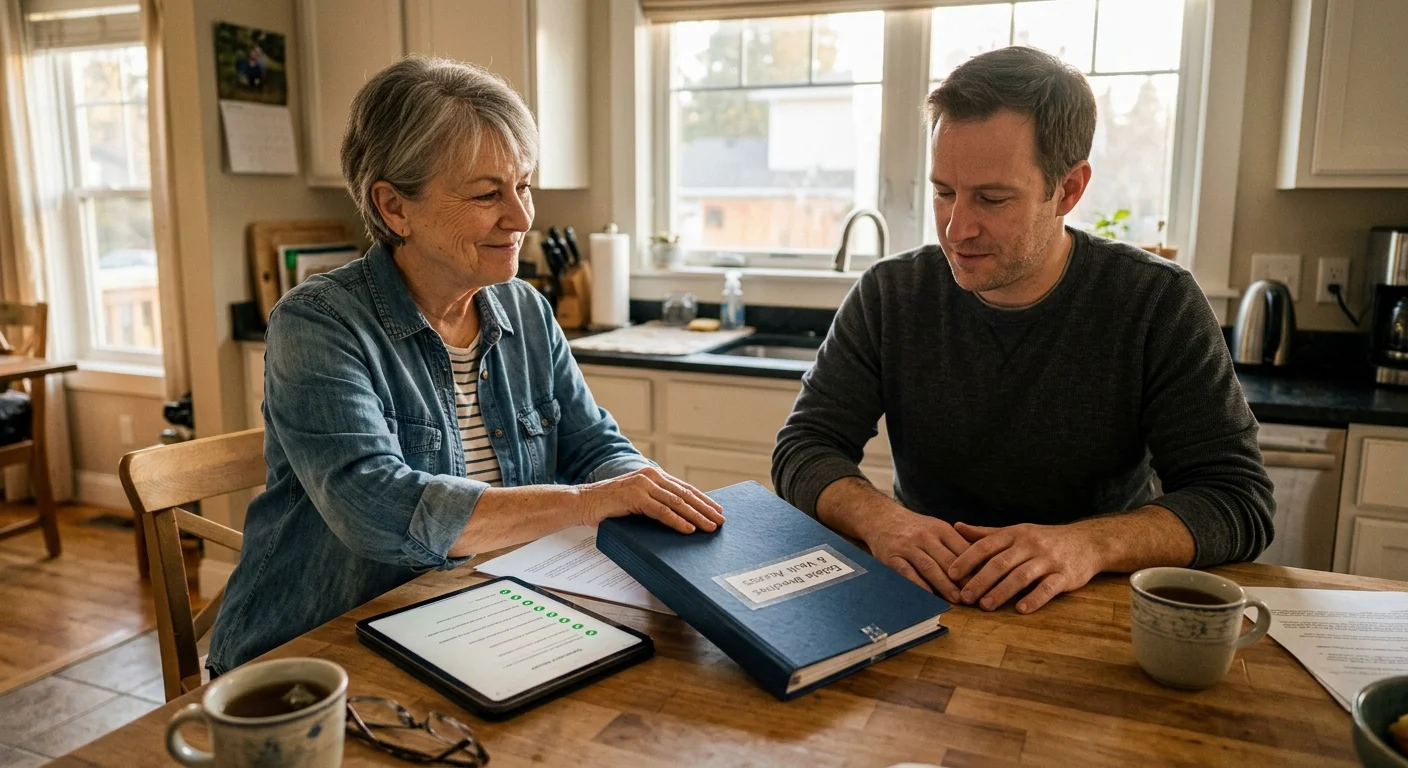 An older woman and a younger man sit at a kitchen table with a blue binder, tablet, paperwork, and mugs of tea.