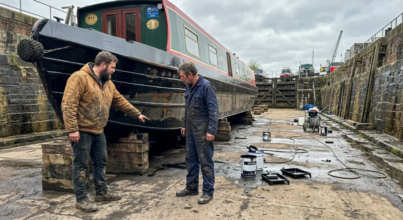Two men inspect the hull of a narrowboat propped on wooden blocks in an empty stone dry dock with paint cans nearby.