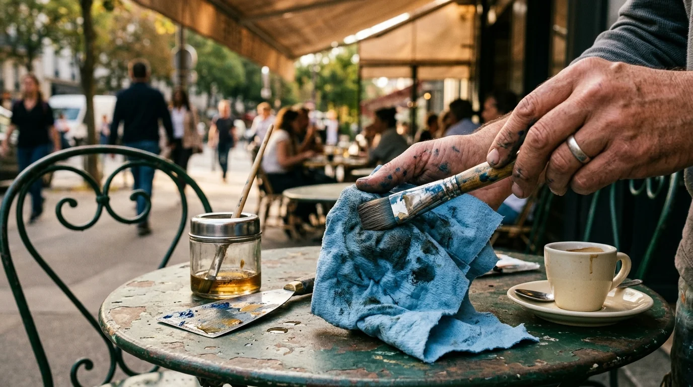 Paint-stained hands wipe an oil brush with a blue shop towel at an outdoor cafe table beside a small glass jar and coffee cup.
