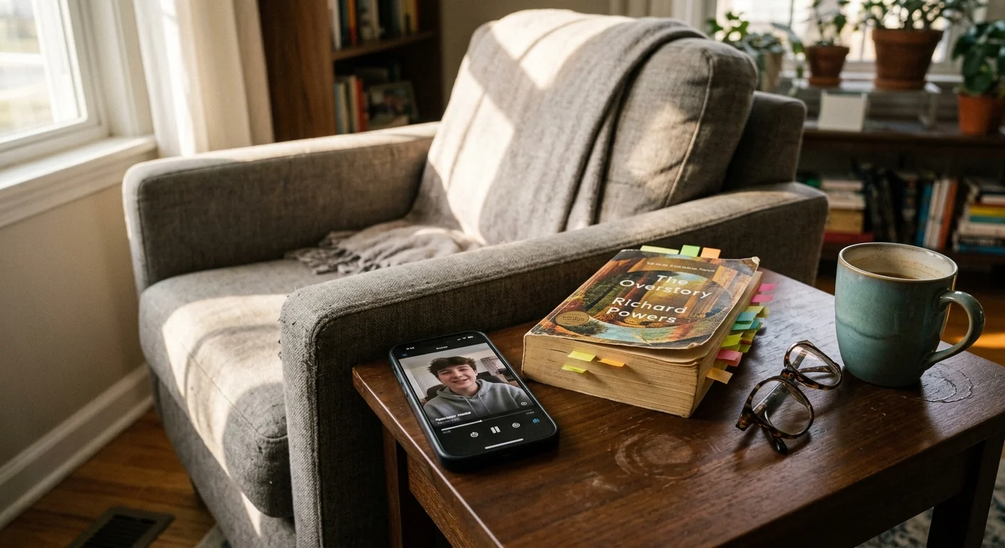 Smartphone displaying a video call on a side table next to a book with sticky tabs, glasses, and a mug by an armchair.