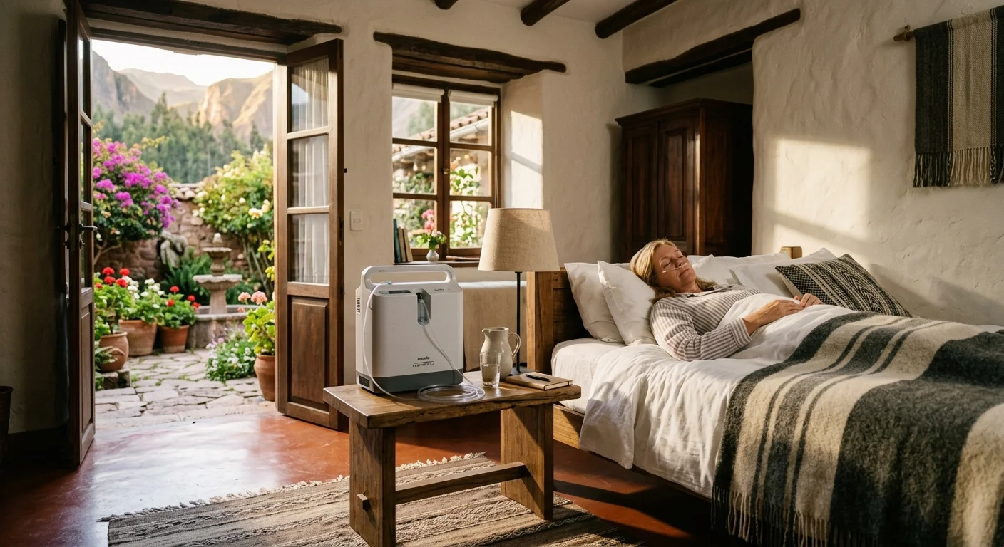 A woman rests in bed with a nasal cannula connected to a portable oxygen concentrator on a nearby wooden bench.