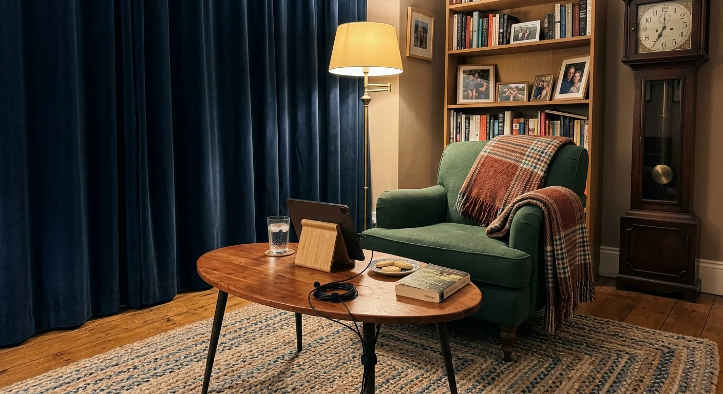 Cozy living room with a green armchair, floor lamp, bookshelf, heavy blue curtains, and a tablet set on a low wooden table.