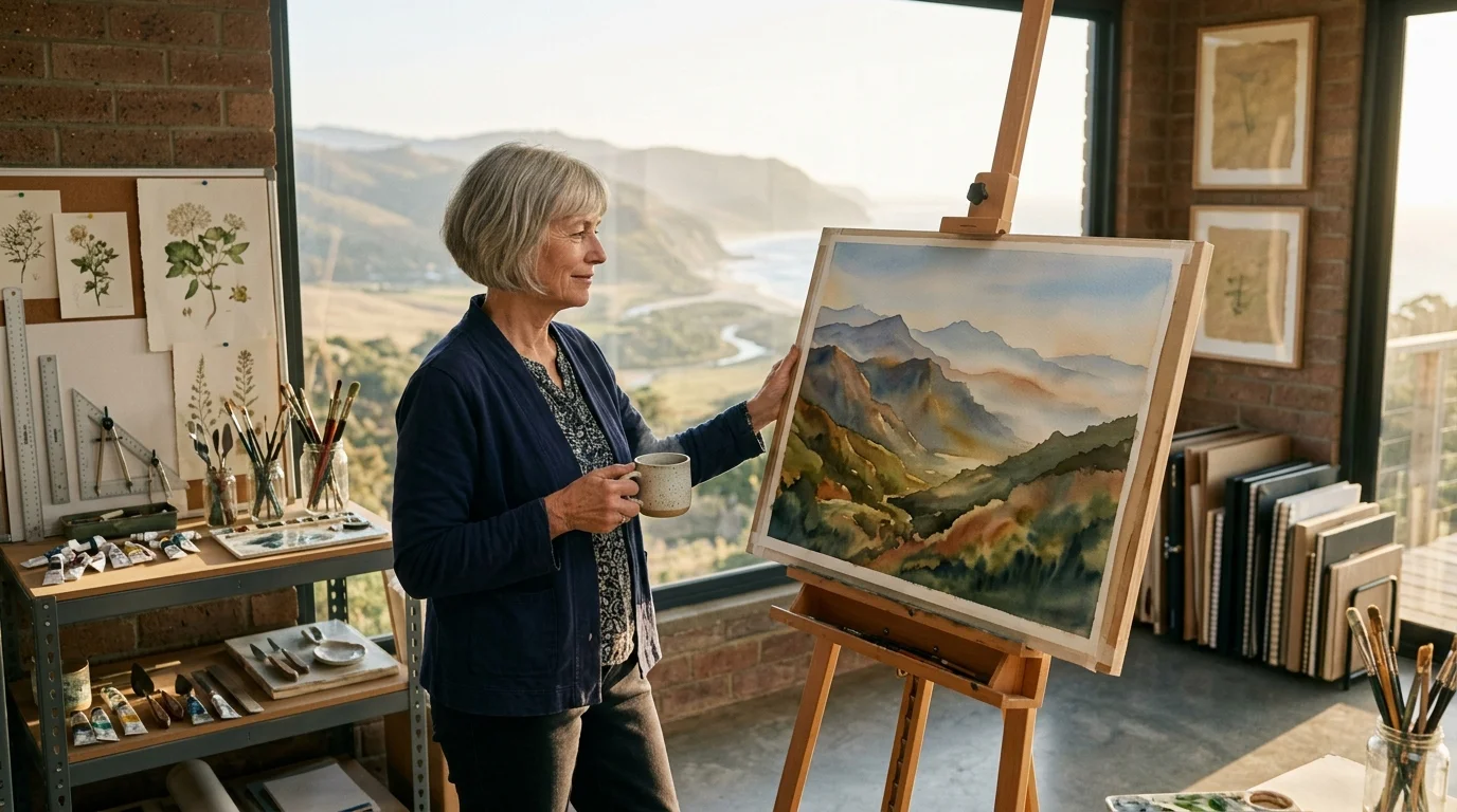 A senior woman holding a mug stands beside an easel displaying a mountain watercolor landscape by a scenic window.