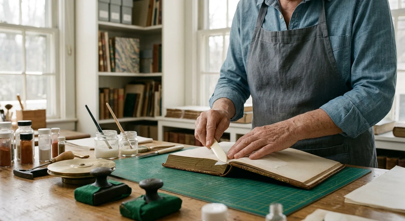 Person in an apron smoothing an antique book page with a bone folder at a workbench filled with restoration tools.