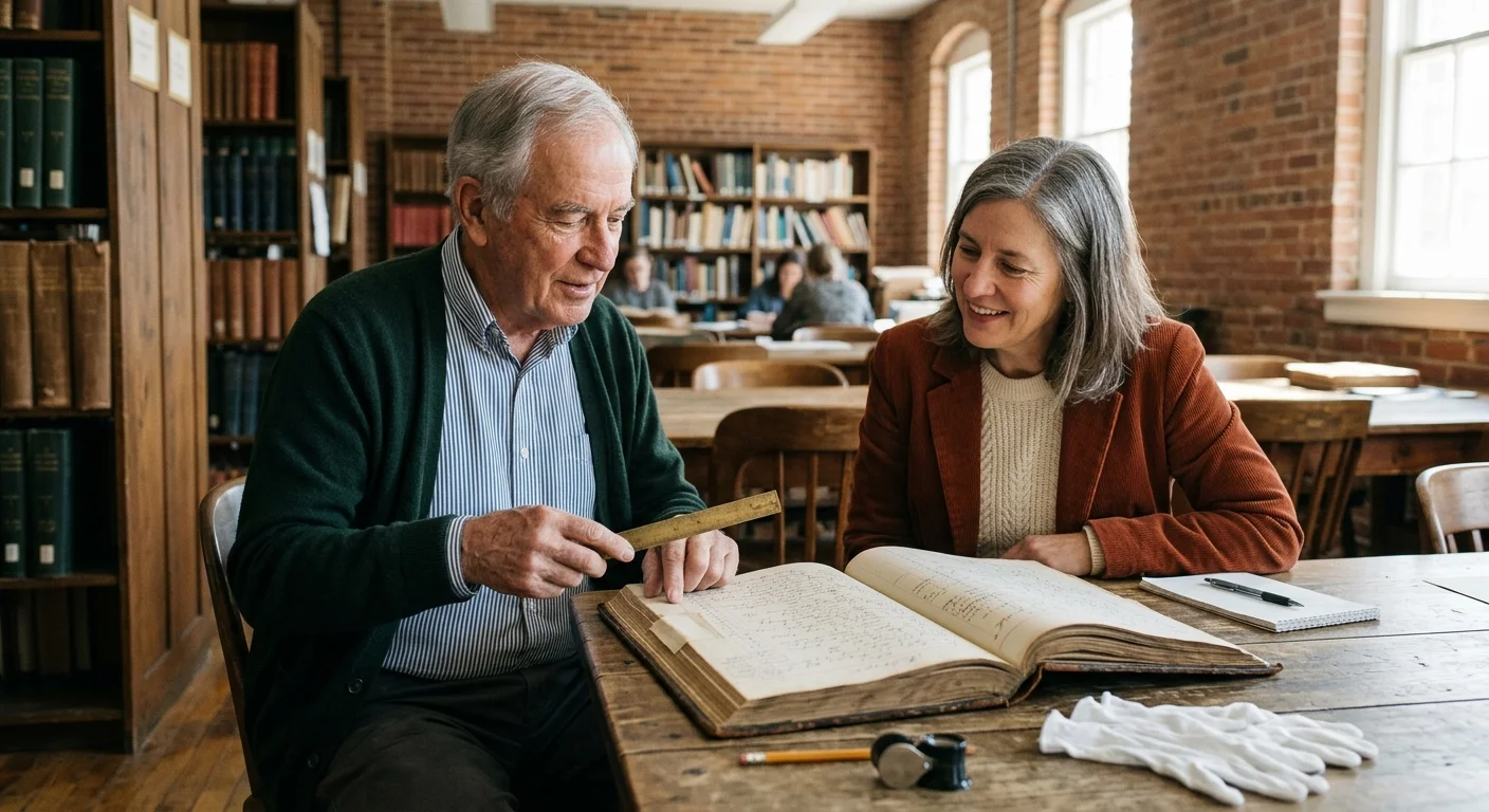 A man and woman examine a large antique ledger open on a wooden table in a library archive.