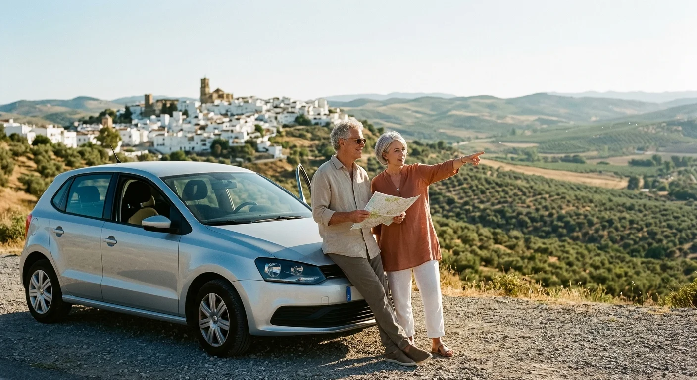 Older couple standing by a silver car on a dirt overlook, holding a map and pointing toward a hillside Spanish village.