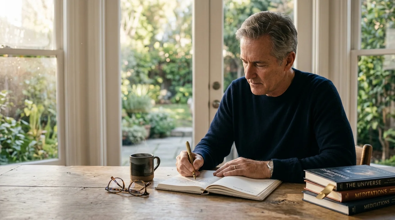 A mature man writing in a journal at a wooden table beside a steaming mug and a stack of books by a garden window.