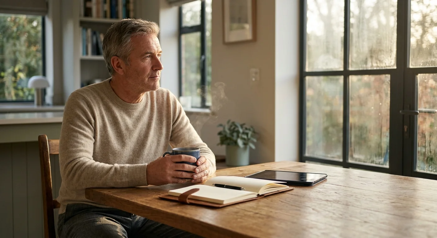 Man holding a steaming mug at a wooden table with an open journal, pen, and tablet beside a window.