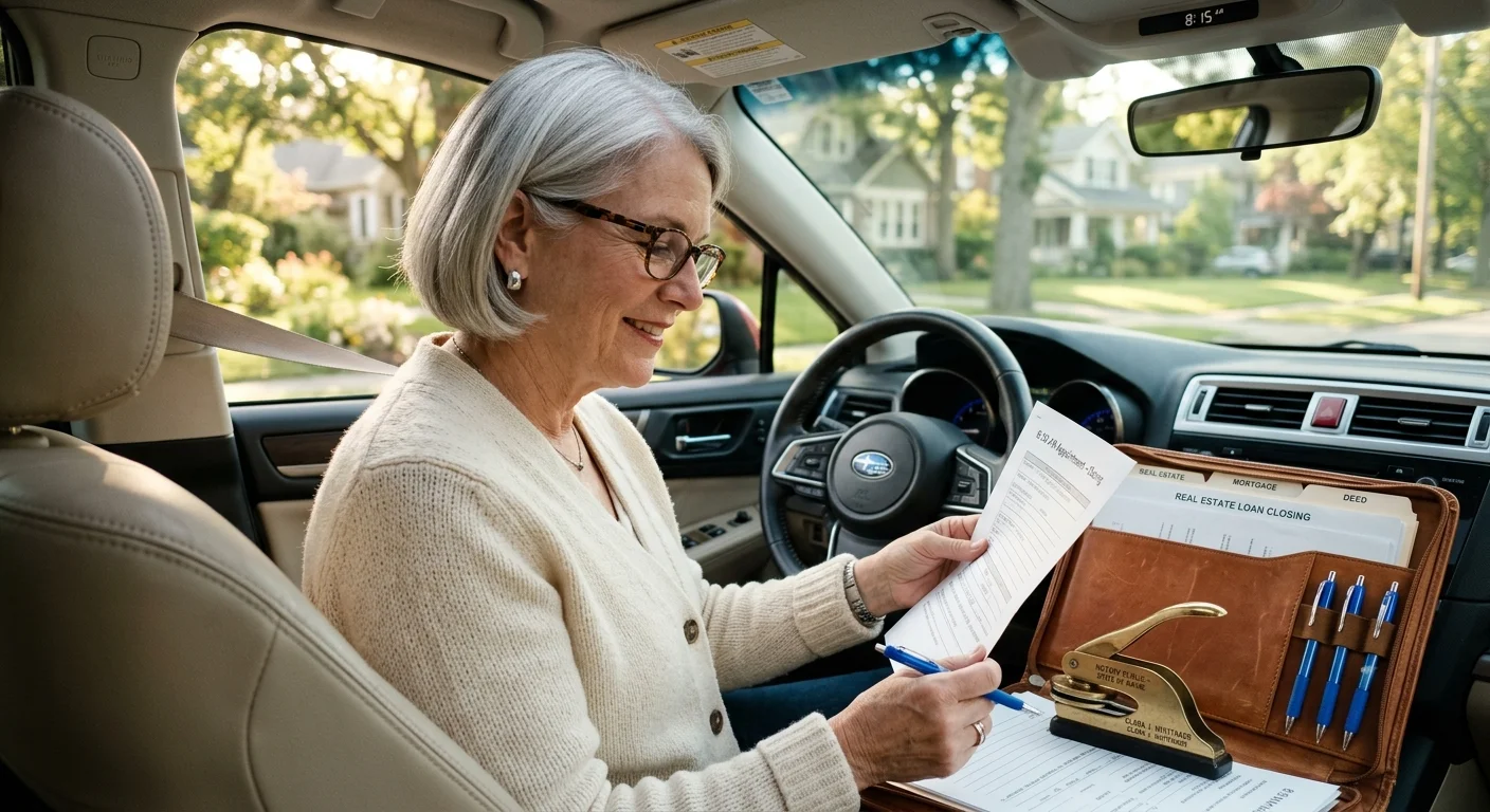 A smiling woman with gray hair sits in a car reviewing real estate loan documents alongside a notary stamp.
