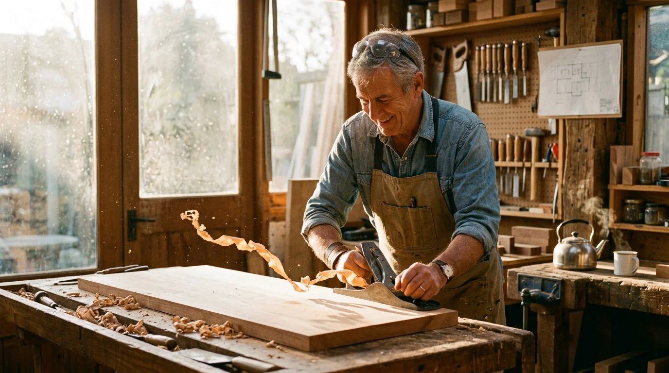 Smiling older man wearing an apron uses a hand plane on a wooden plank, creating wood shavings in a workshop.