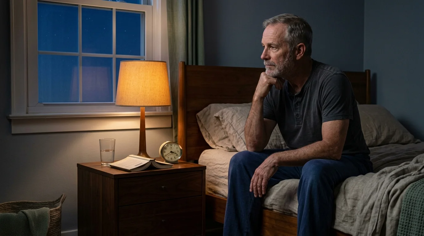 A middle-aged man sits awake on the edge of a bed beside a glowing lamp and nightstand alarm clock at night.
