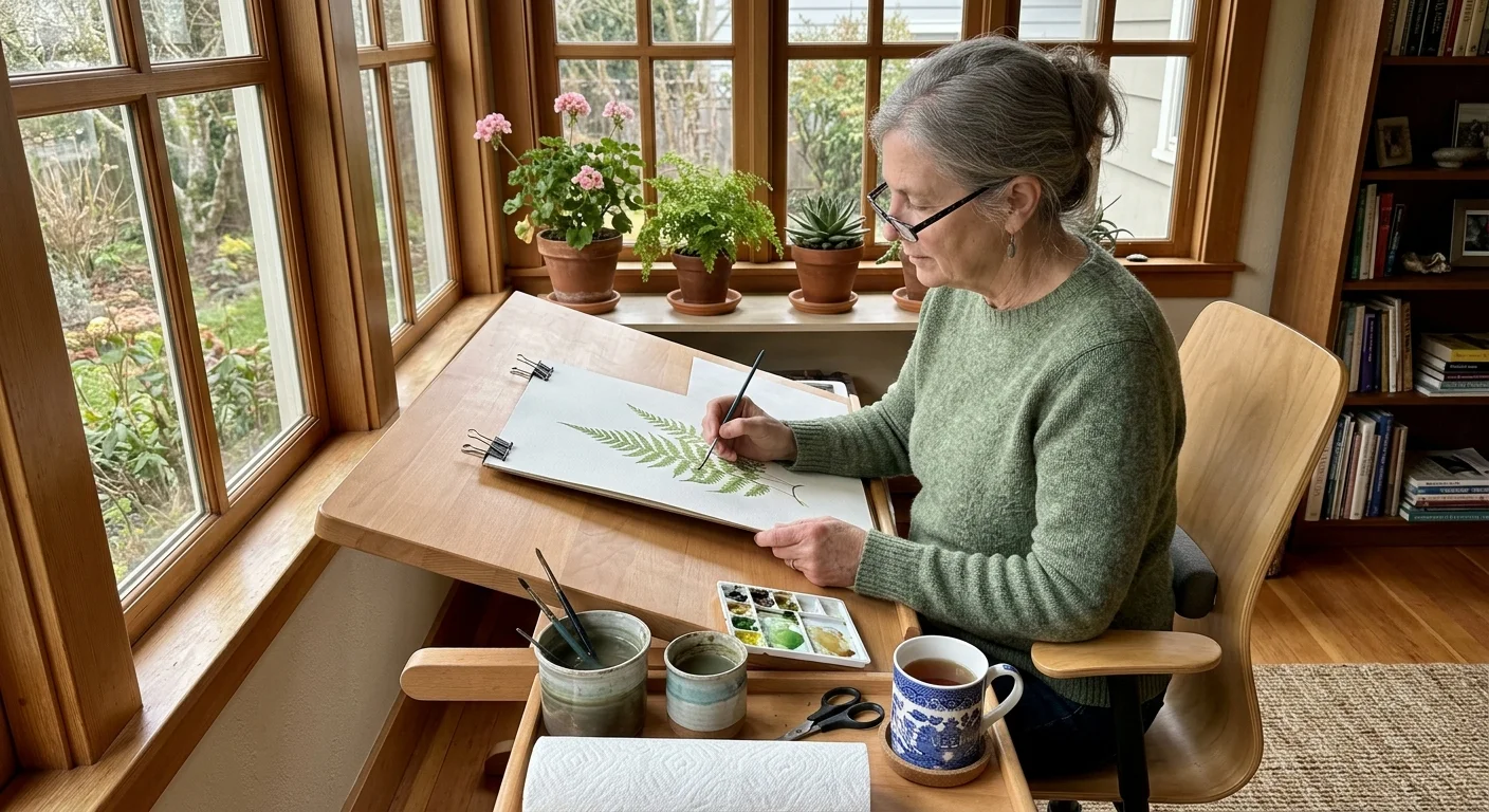 A woman sits at a tilted wooden drafting desk by a sunny bay window, painting green fern leaves with watercolors.