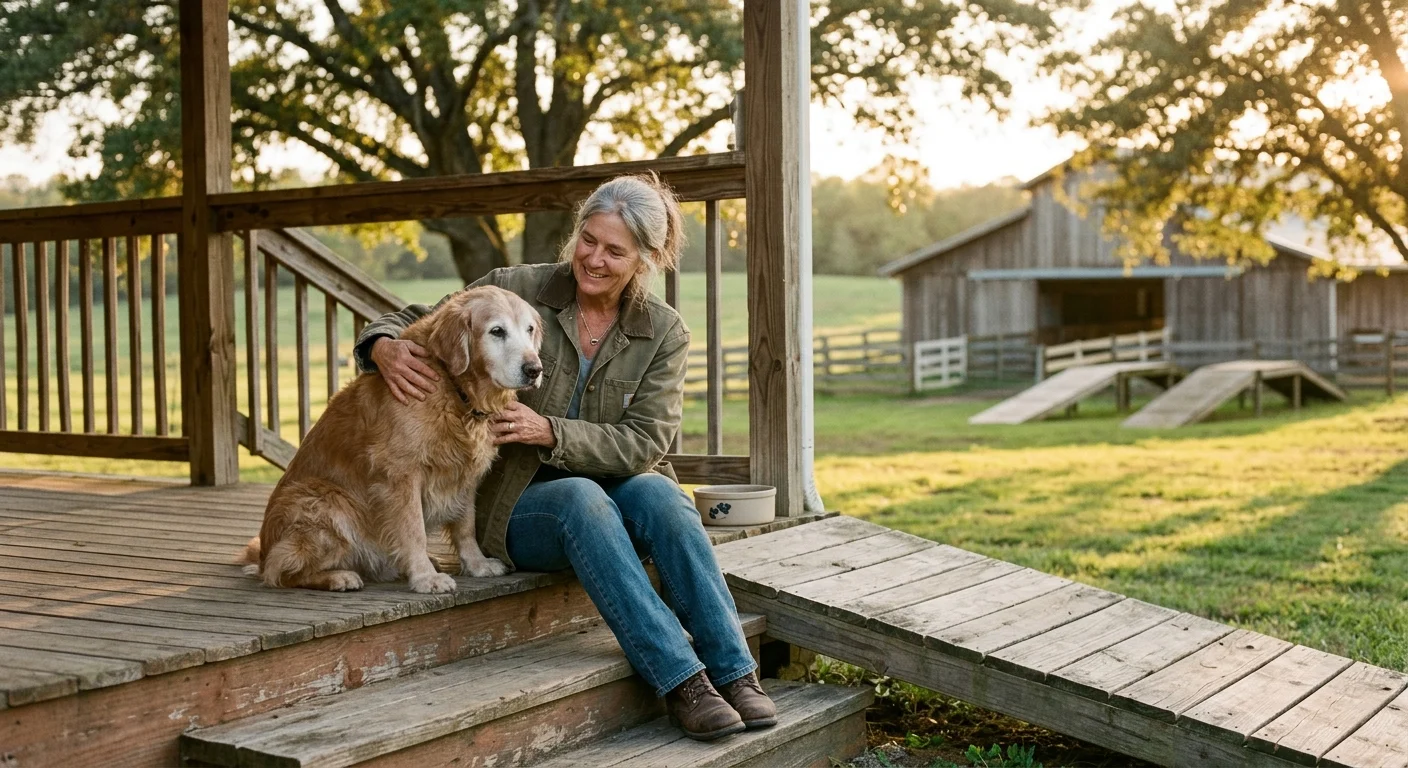 A smiling woman sits on wooden porch steps petting a senior golden retriever outside a rural barn at sunset.