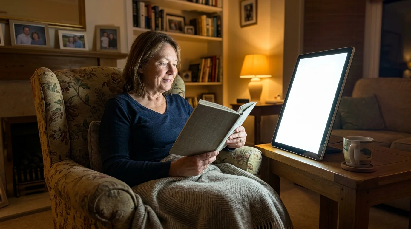 A woman sitting in an armchair reading a book beside a bright light therapy panel on a side table.