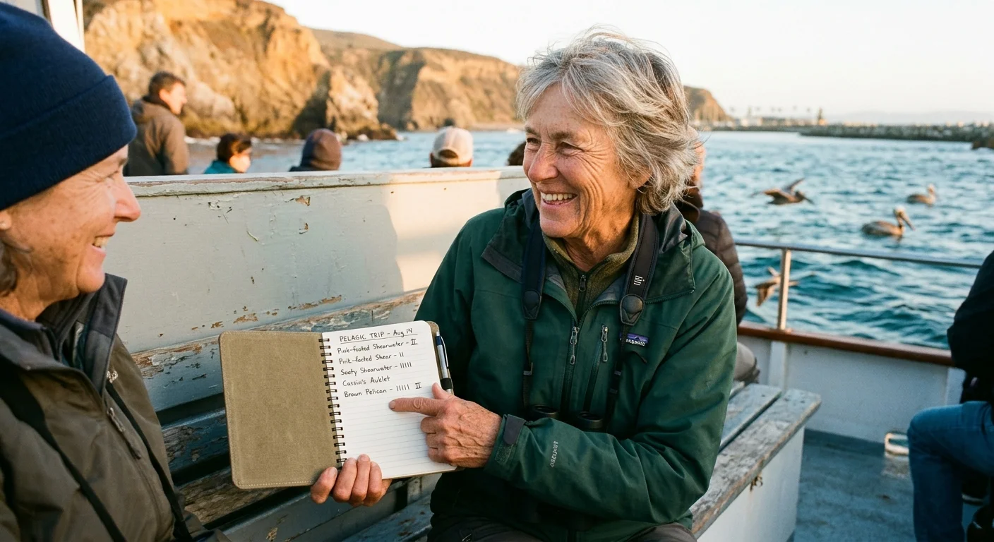 A smiling woman on a boat deck holds up a notebook list of spotted seabirds to show a companion.
