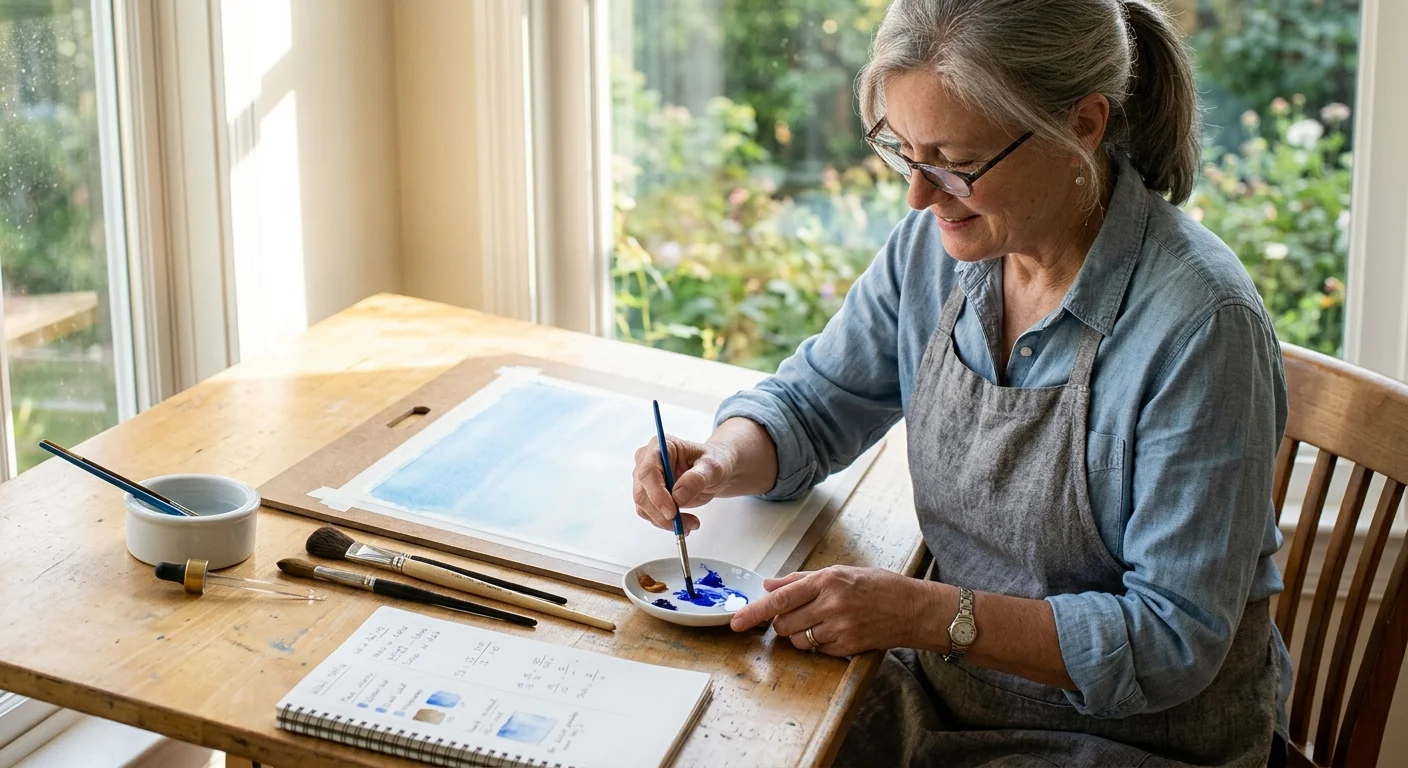 Older woman with glasses painting with blue watercolor at a wooden table beside a window, mixing pigment in a small dish.