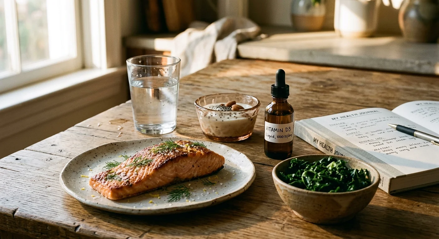 Salmon fillet, greens, yogurt bowl, water glass, vitamin D3 dropper bottle, and a health journal on a wooden table.
