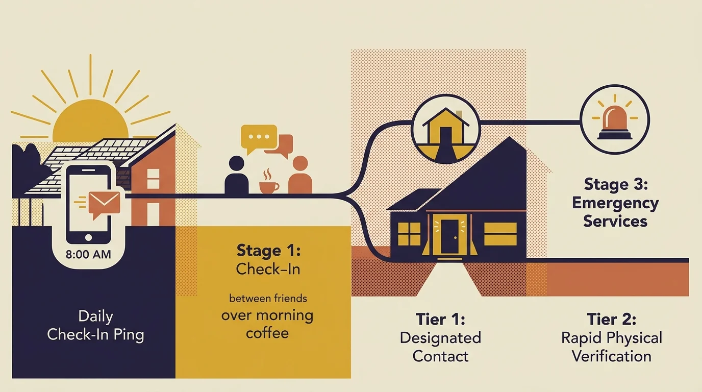 Diagram outlining an emergency protocol escalating from a morning phone check-in to designated contacts and emergency services.