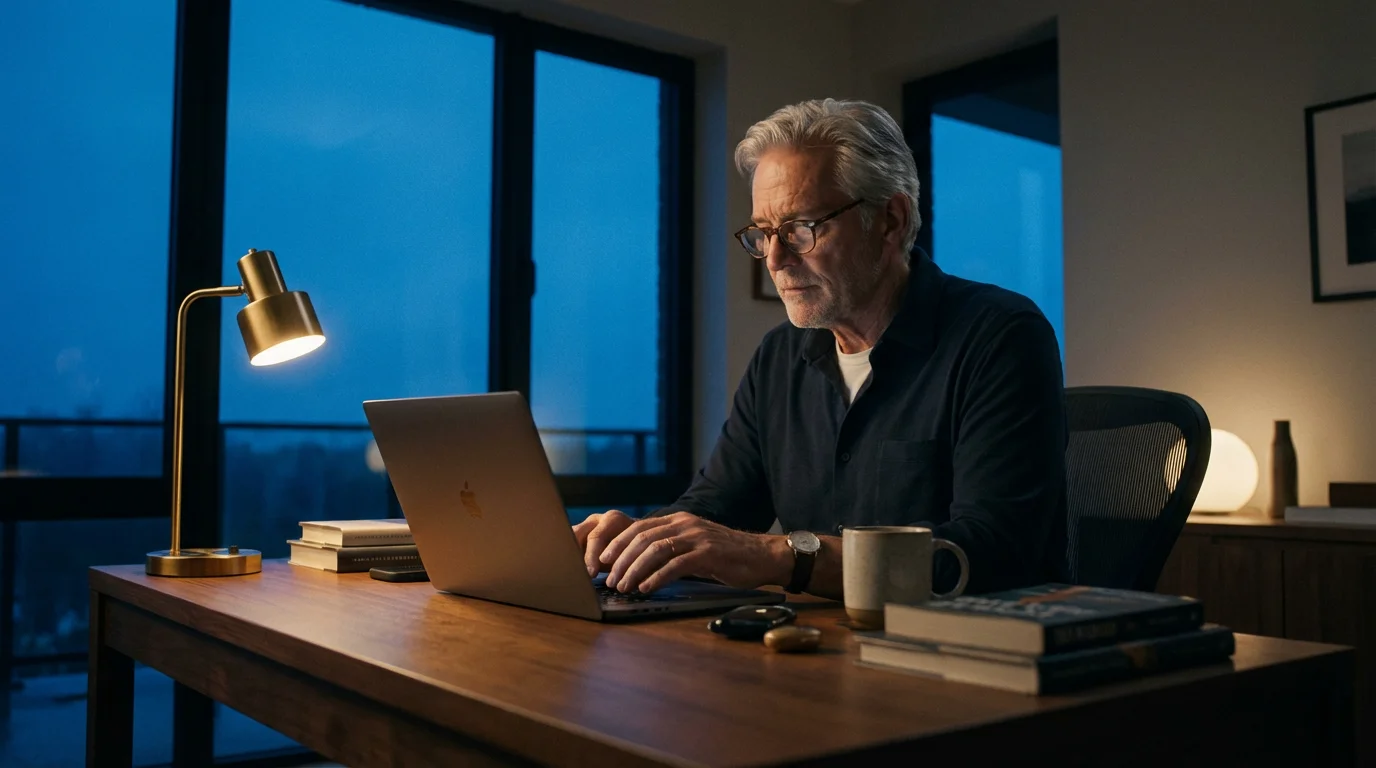 A senior author with glasses typing on a laptop at his desk during twilight.