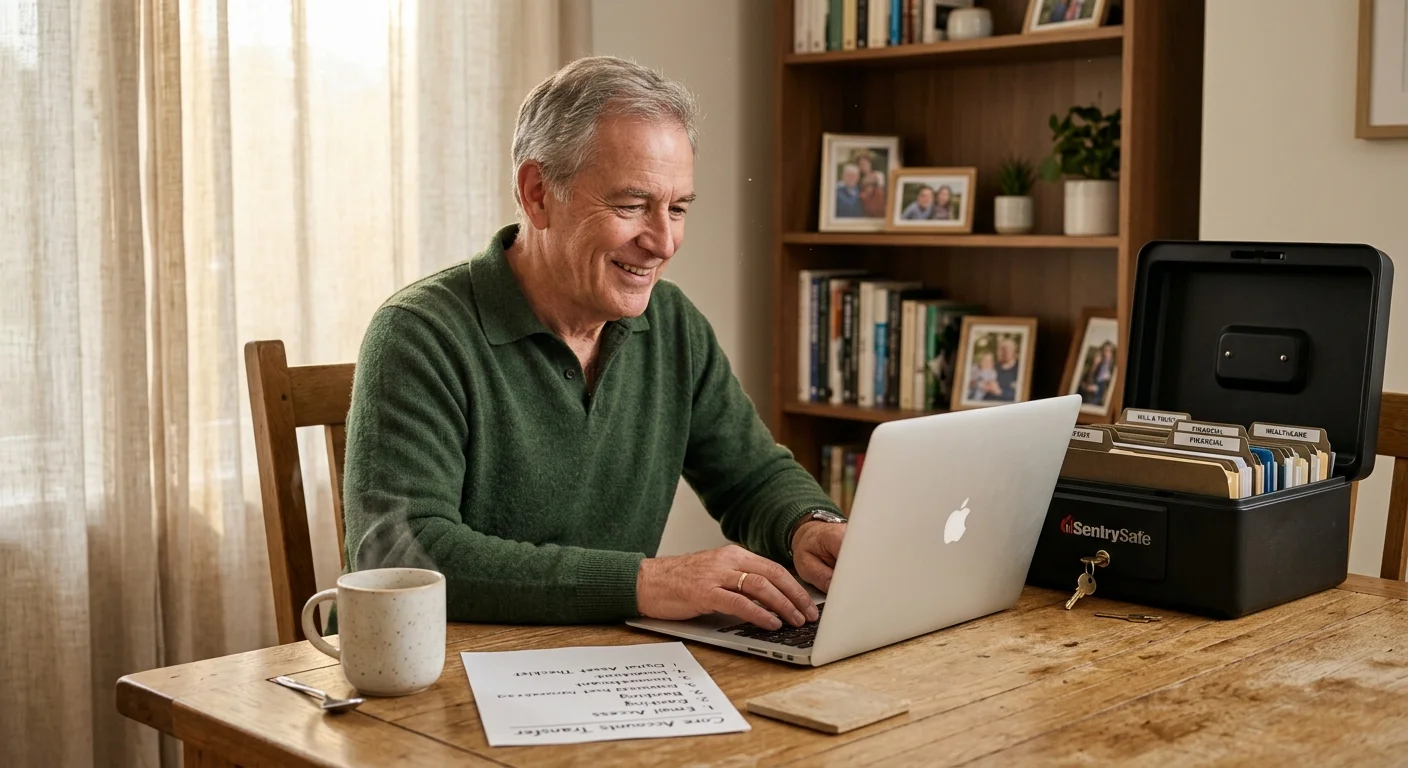 Smiling older man sits at a wooden table typing on a laptop next to an open lockbox filled with file folders.