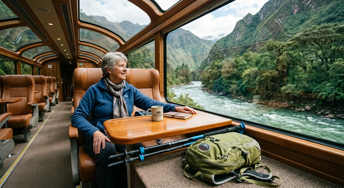 Senior woman sitting inside a scenic train beside large panoramic windows overlooking a rushing river and green mountains.