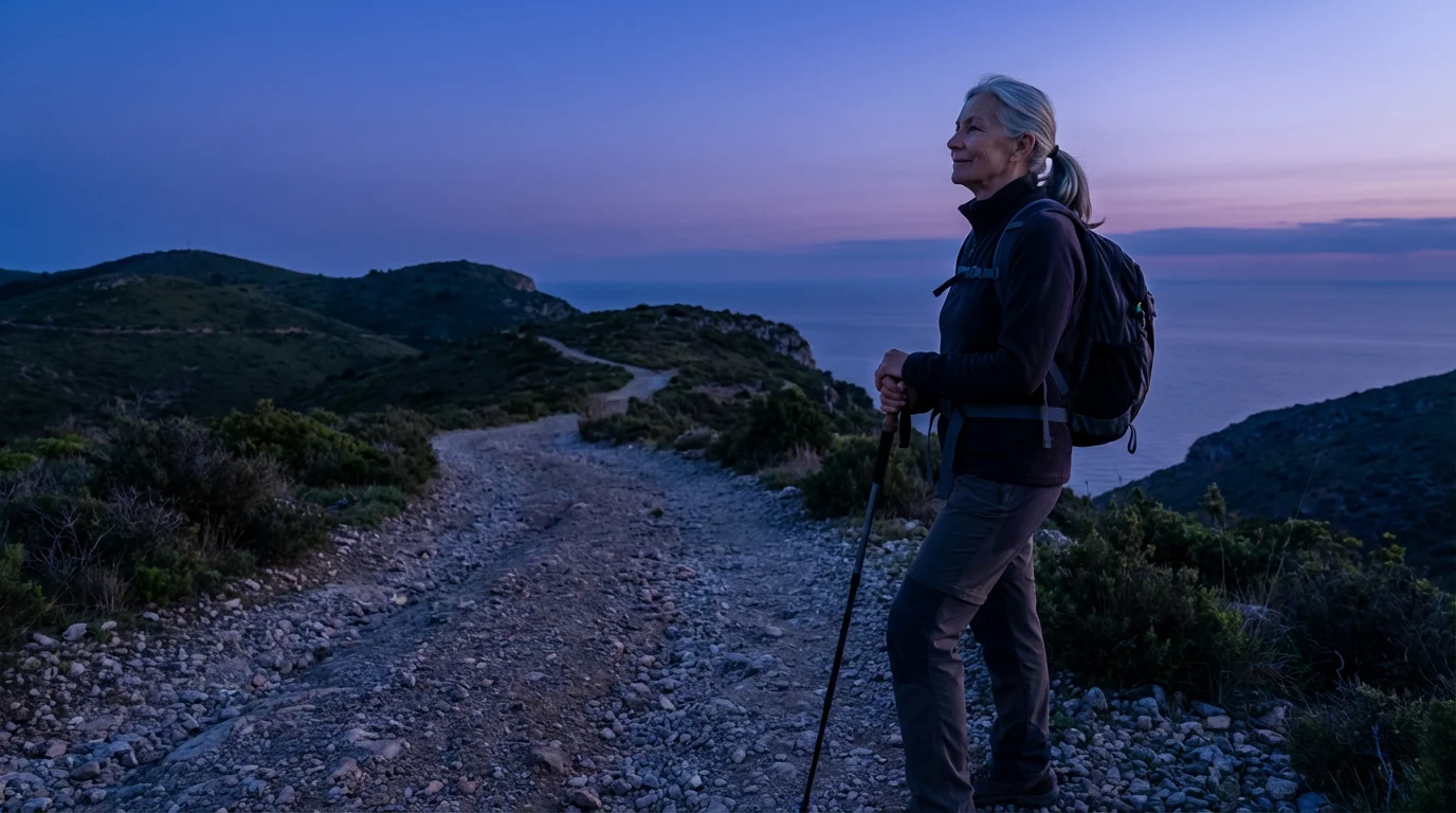 A senior woman pauses while hiking on a scenic coastal trail during twilight.