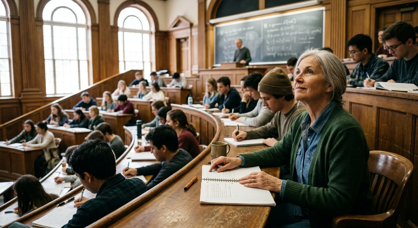 Senior woman sitting in a tiered wood lecture hall with younger college students listening to a professor.