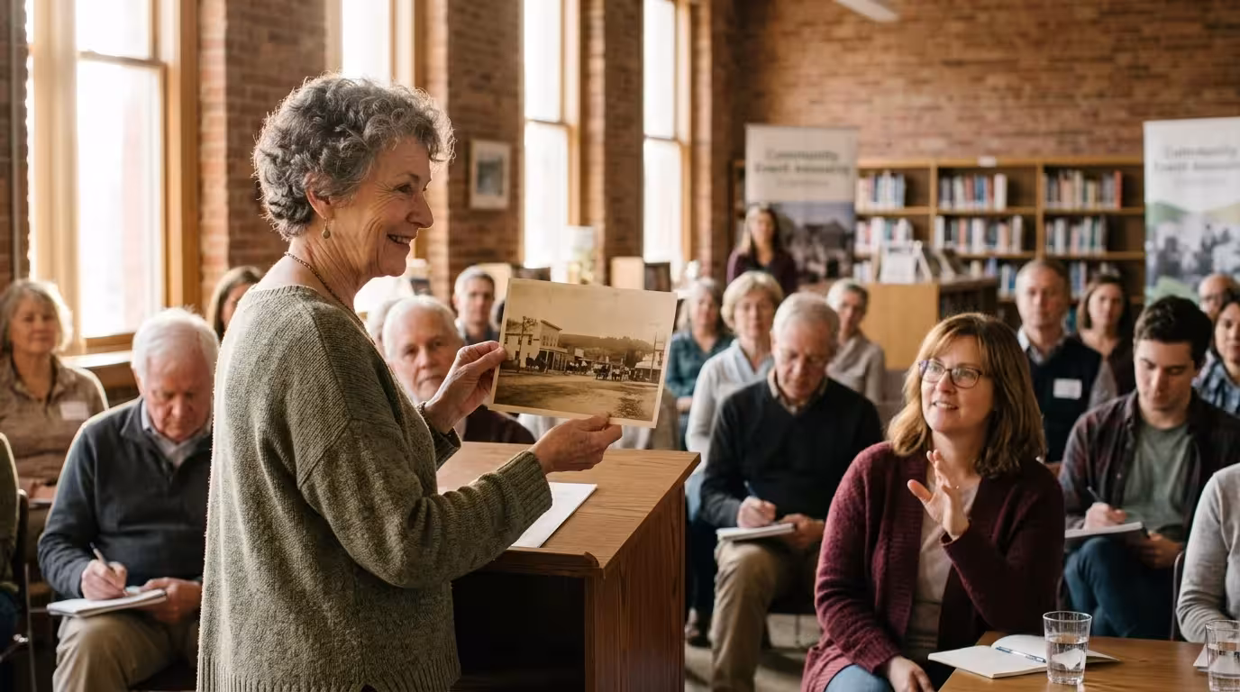 A smiling older woman stands at a wooden podium holding up an old photograph before a seated audience in a library.