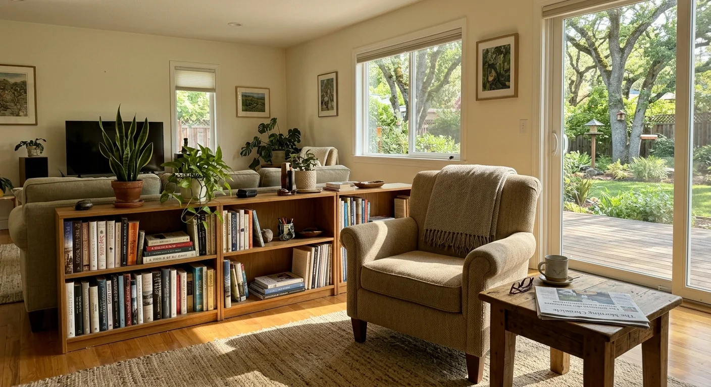 Cozy living room with an armchair, low bookshelves lined with books and plants, and a sliding glass door to a garden.