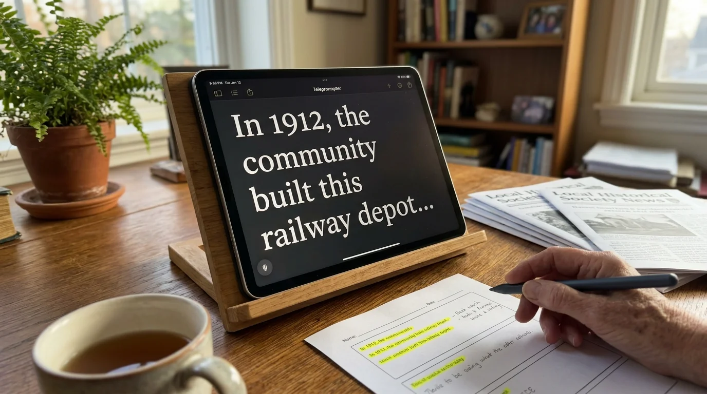 Tablet on a wooden stand displaying teleprompter text next to handwritten notes, a pen held in hand, and coffee.