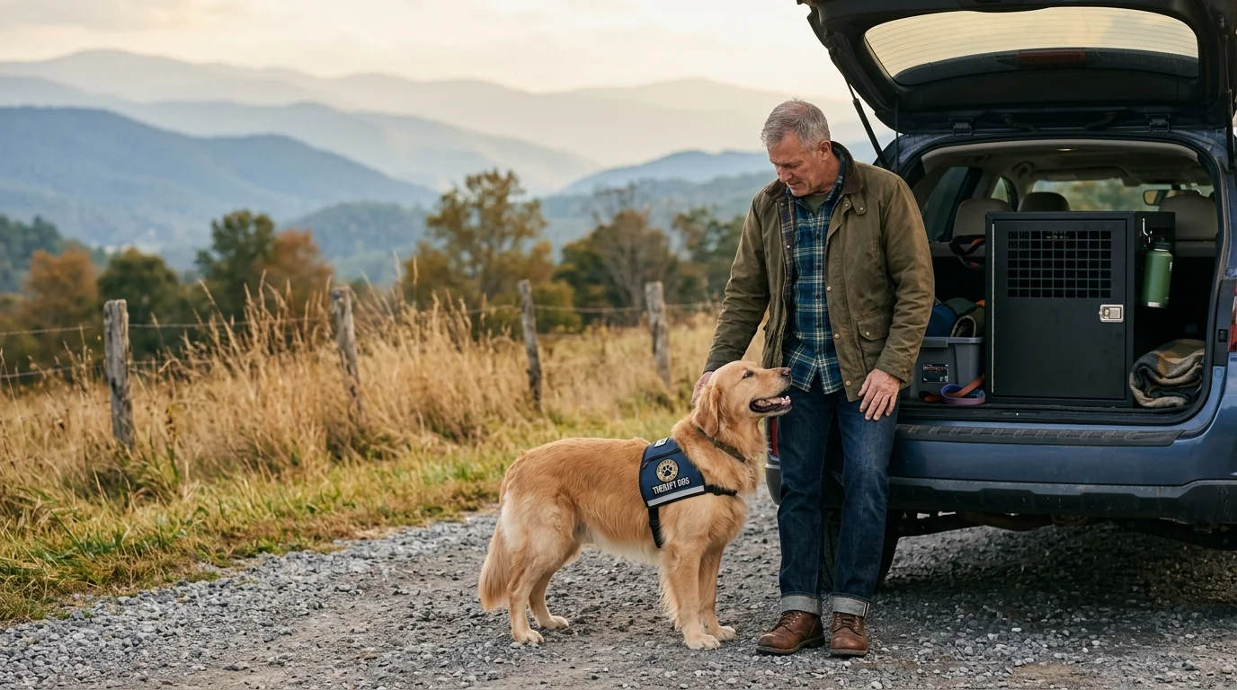 A man pets a Golden Retriever wearing a therapy vest next to the open trunk of an SUV on a gravel country road.