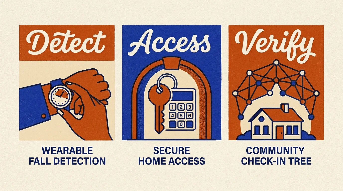 Three-panel graphic showing wearable fall detection with a watch, secure home access with a keypad, and a community check-in tree.