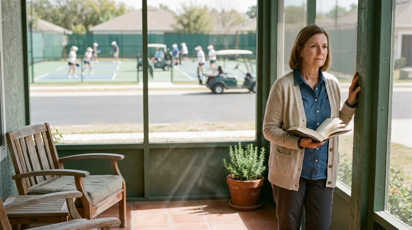 A woman holding an open book on a screened porch looks out toward neighbors playing on outdoor pickleball courts.