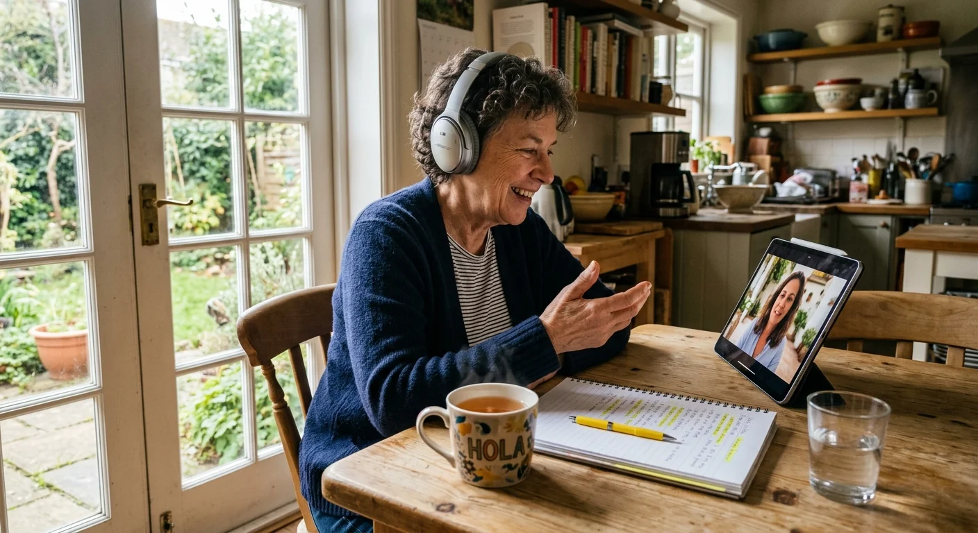 A woman wearing headphones smiles during a video call on a tablet at a kitchen table with a notebook and tea.