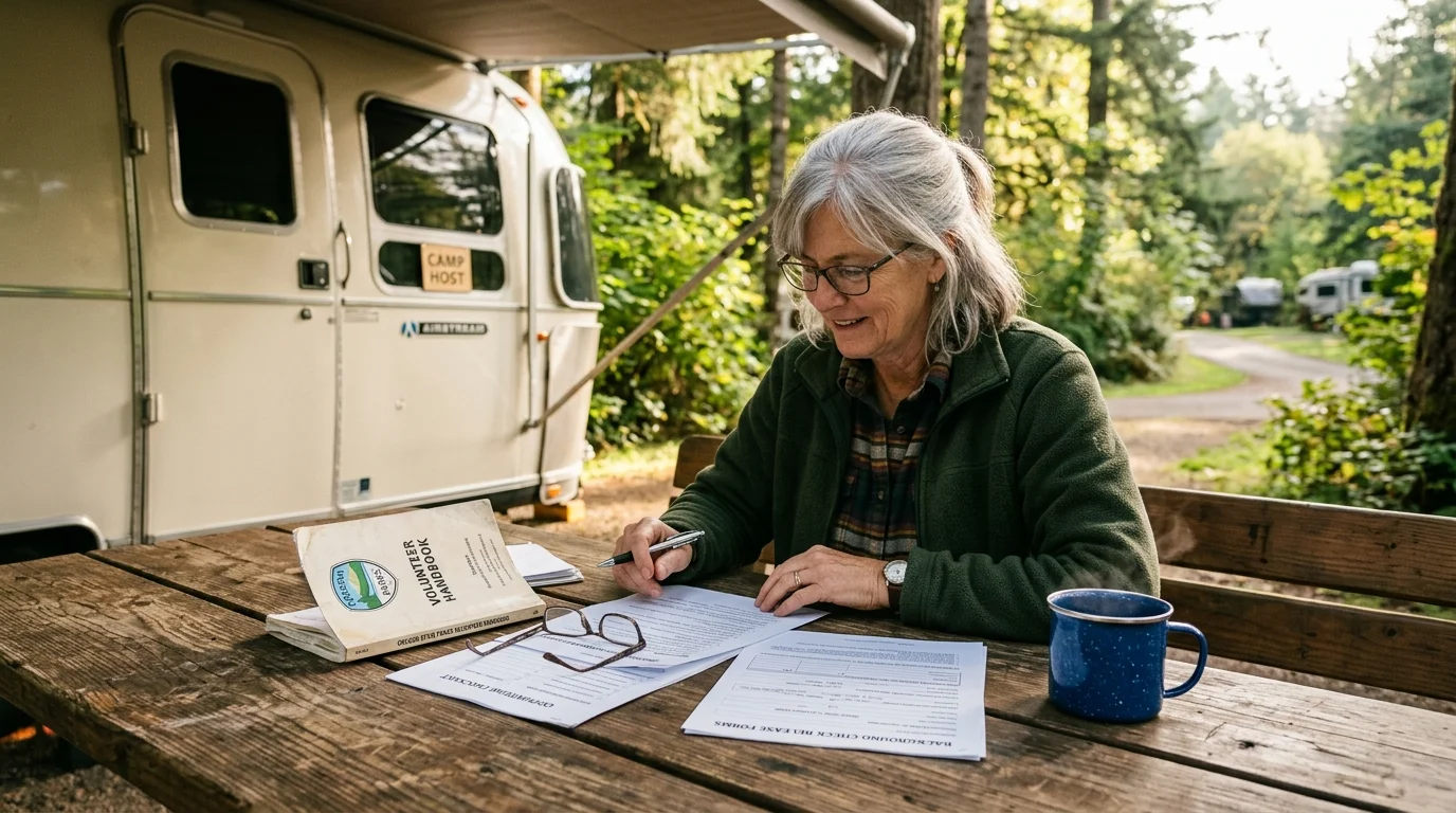 A woman sitting at a wooden picnic table outside an RV trailer, filling out paperwork next to a volunteer handbook.