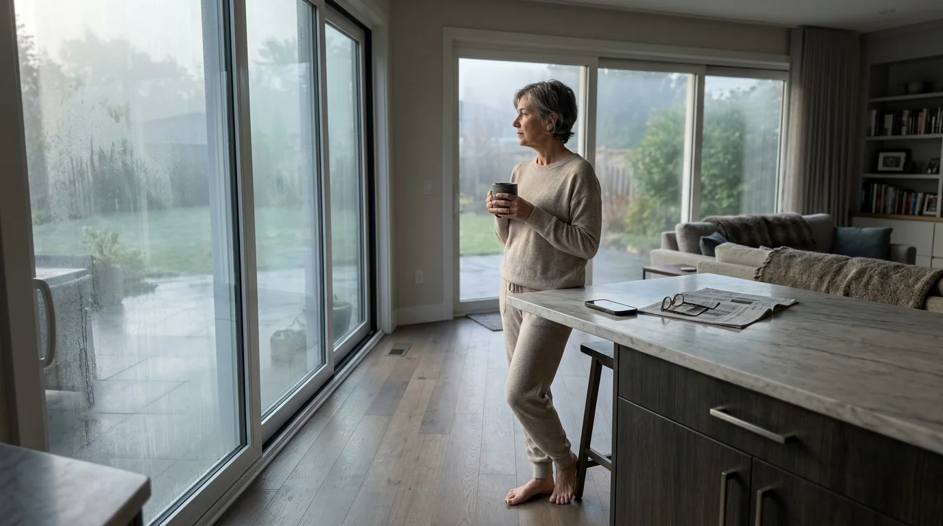 A woman holding a mug stands barefoot by sliding glass doors looking out into a misty yard from a modern kitchen.